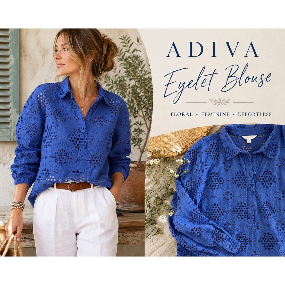 Adiva Blue Eyelet‎ Embroidered Cotton Blouse L Floral Collared Boho Cottage-core
